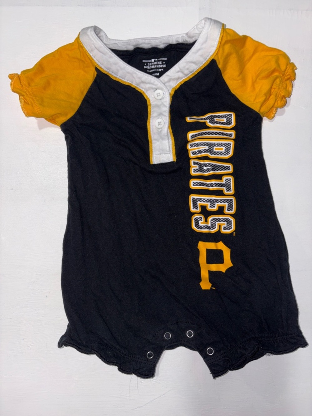 Genuine MLB Merchandise 12mo Girls Black and Gold Pirates Baby One-Piece